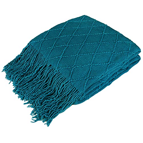 Pavilia Teal Blue Knit Throw Twin Blanket For Couch, Soft Knitted Boho Farmhouse Home Decor Woven Blanket, Cozy Decorative Afgha