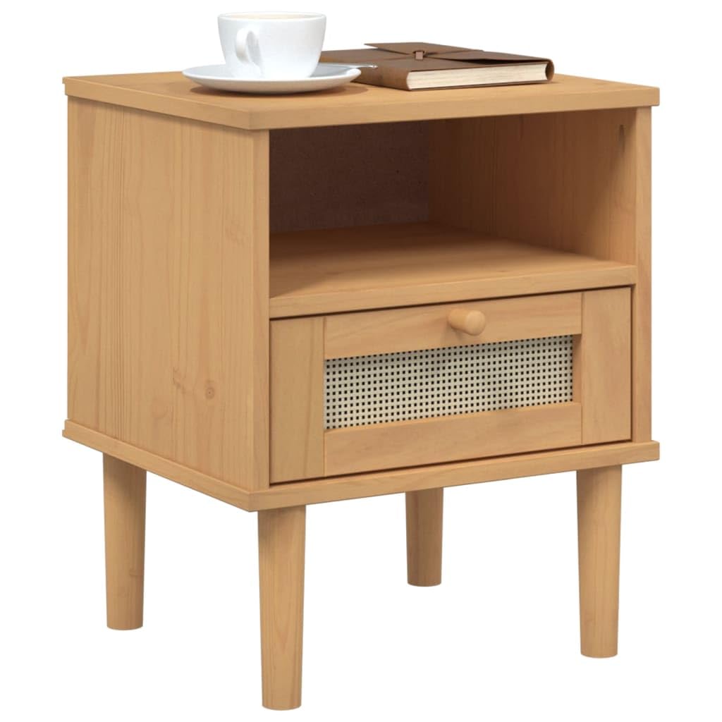 vidaXL Bedside Cabinet SENJA in Rattan Look - Brown Solid Pine Wood Nightstand with Storage Compartment and Drawer