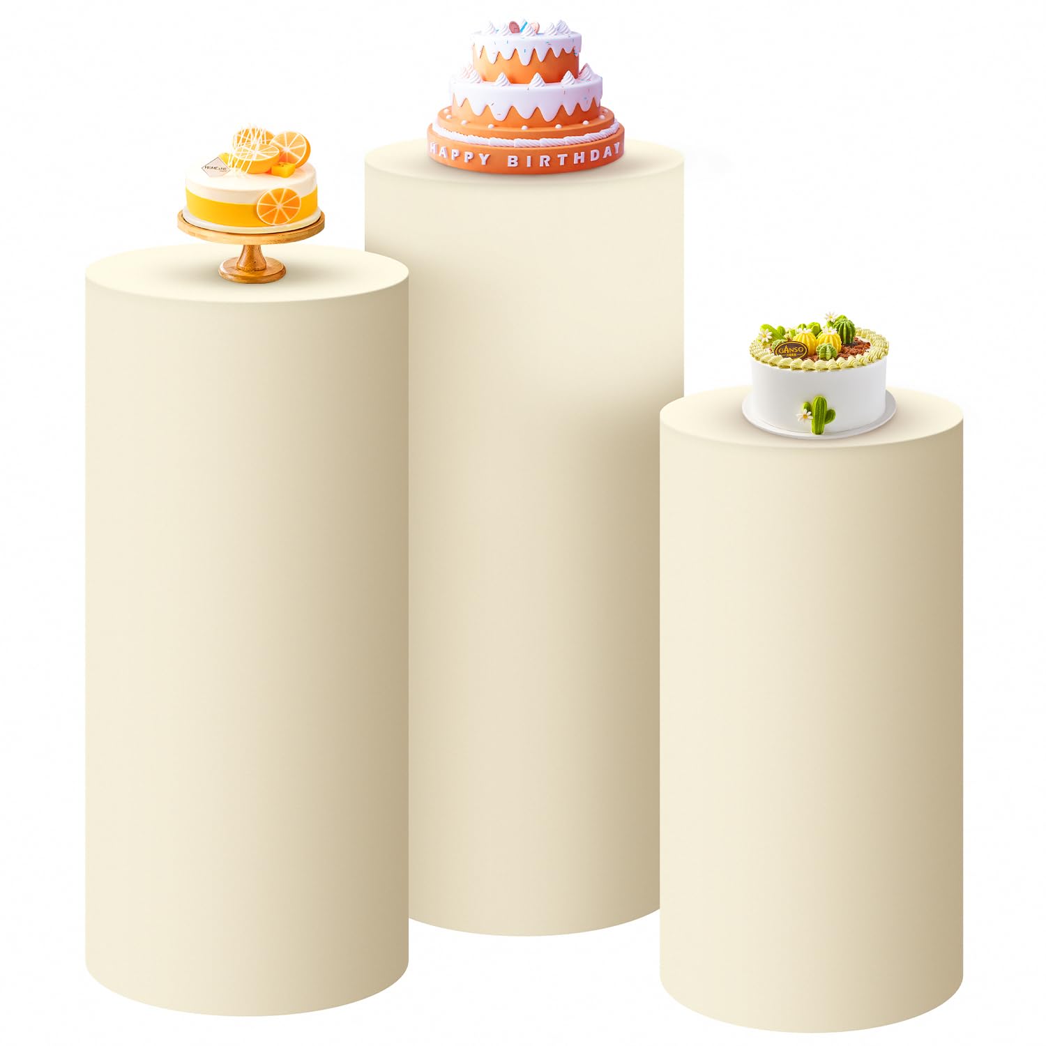 SaitiMade Set of 3 - Beige Cylinder Pedestal Stand Covers, Flexible Cylinder Stand Covers for Party, Wedding or Birthday Event D