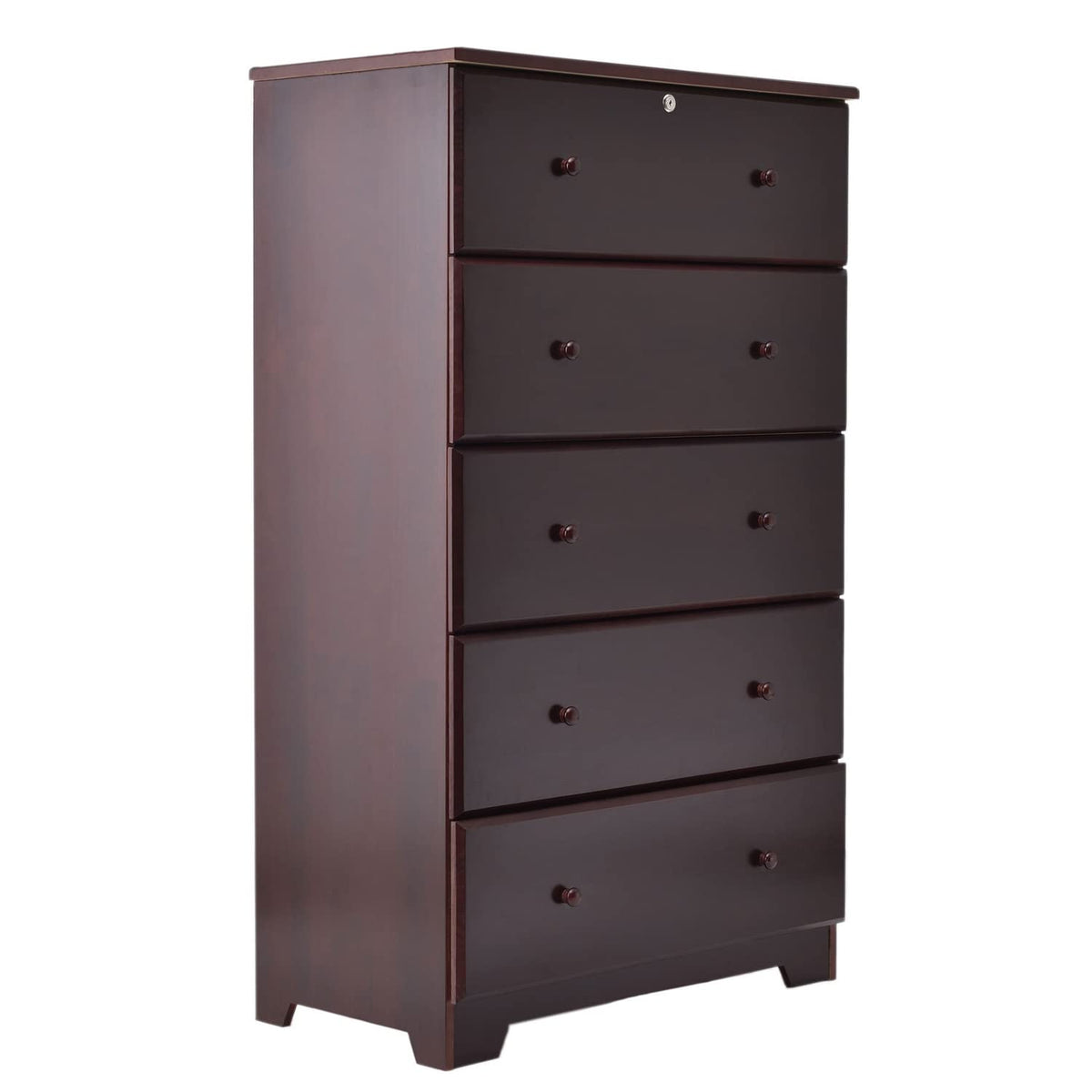 Better Home Products Isabela Solid Pine Wood 5 Drawer Chest Dresser in Mahogany