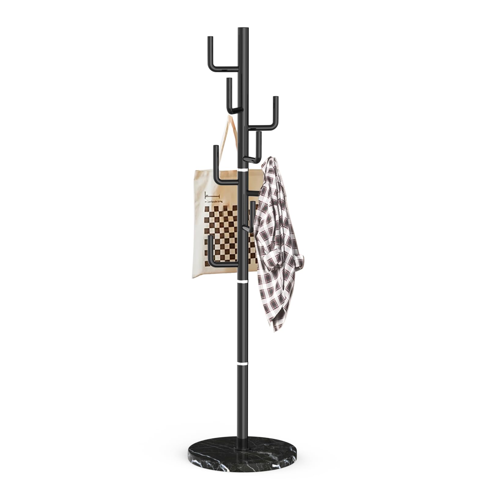 LOZABEE Modern Metal Coat Rack Stand with Natural Marble Base, Heavy Duty Coat Rack Freestanding with 8 Hooks, Black Cactus Stan