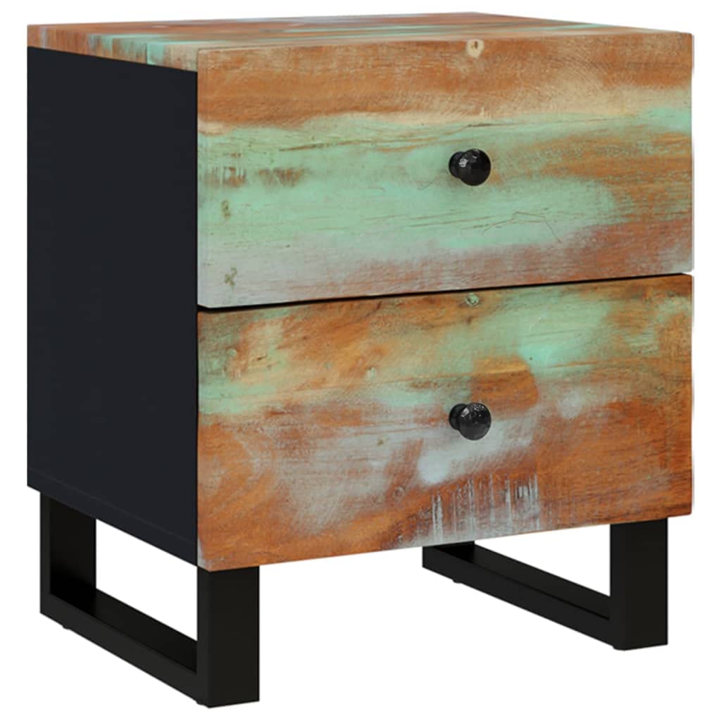 vidaXL Bedside Cabinet - 15.7&quot;x13&quot;x18.1&quot; Nightstand Made from Solid Reclaimed Wood with Black Iron Legs - Handmade Industrial Bedroom Furniture with Ample Storage Space