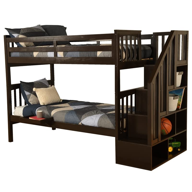 Kodiak Furniture Kelcie Twin/Twin Wood Bunk Bed with Storage and Tray in Dark Chocolate Brown