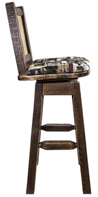 Montana Woodworks Homestead Collection Barstool with Back & Swivel, Upholstered Seat, Woodland Pattern with Laser Engraved Pine Tree Design, Stained & Lacquered