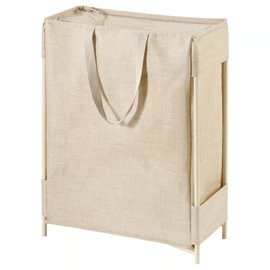 PURRPINGLA Laundry Bag with Stand, Beige, 42 L, Polyester, 2 Compartments, Metal Frame, 20.5x44x57 cm