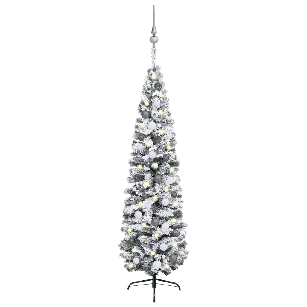 Vidaxl 70.9&quot; Slim Pvc Artificial Christmas Tree With Leds & Ball Set, Flocked Snow Design, Energy-Efficient, Usb Connected, Reusable, Easy Assembly, Green, White, And Gray.