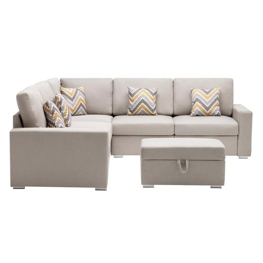 Lilola Home Nolan Beige Linen Fabric 6Pc Reversible Sectional Sofa with Pillows, Storage Ottoman, and Interchangeable Legs