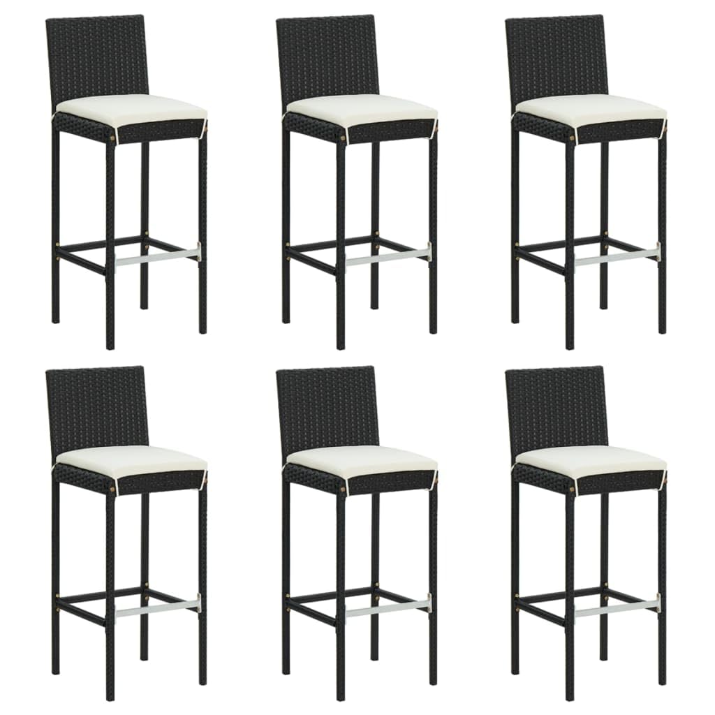 vidaXL Black Poly Rattan Bar Stools with Cushions, Weather-Resistant and Easy to Clean, Built-in Footrest, Powder-Coated Steel Frame - Set of 6