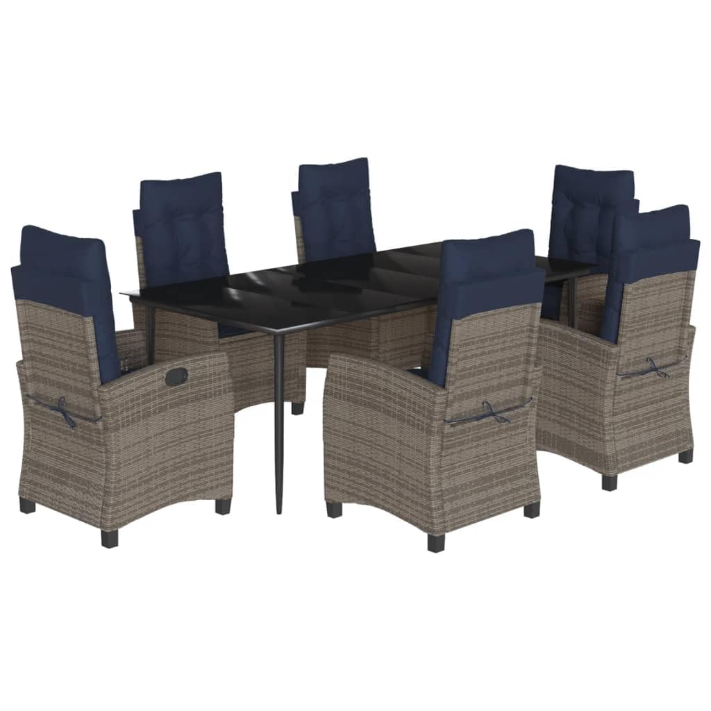 vidaXL 7-Piece Patio Dining Set - Outdoor Rattan Furniture with Adjustable Reclining Chairs, Tempered Glass Table, Cushions
