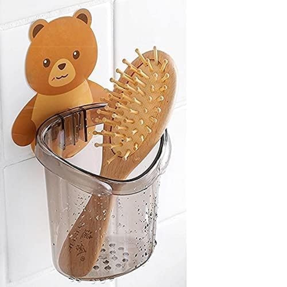 Self Adhesive Toothbrush Holder with Drain Cup, Teddy Bear Bathroom Organizer Stand for Toothpaste, Comb, Razor, Cream & Lotion 