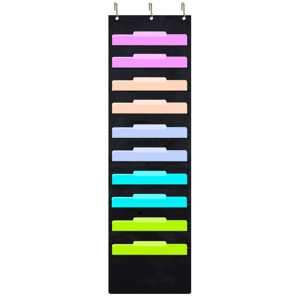 Zkoo Hanging File Folders Pocket Chart, 10 Pocket & 3 Hanger Cascading Wall Organizer - Organize Your Assignments, Files, Scrapb