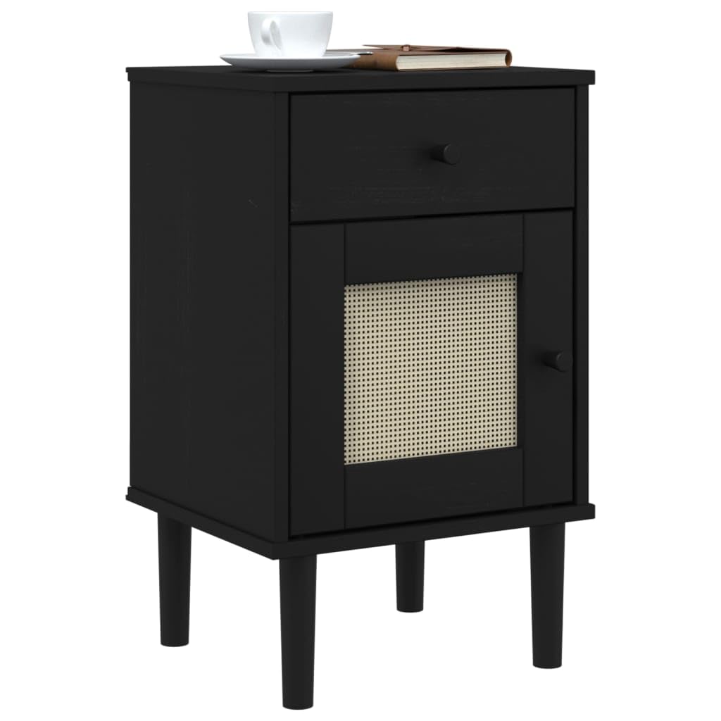 vidaXL Black SENJA Rattan-Look Bedside Cabinet - Solid Wood Pine End Table with UV Varnish, Drawer, Storage Compartment