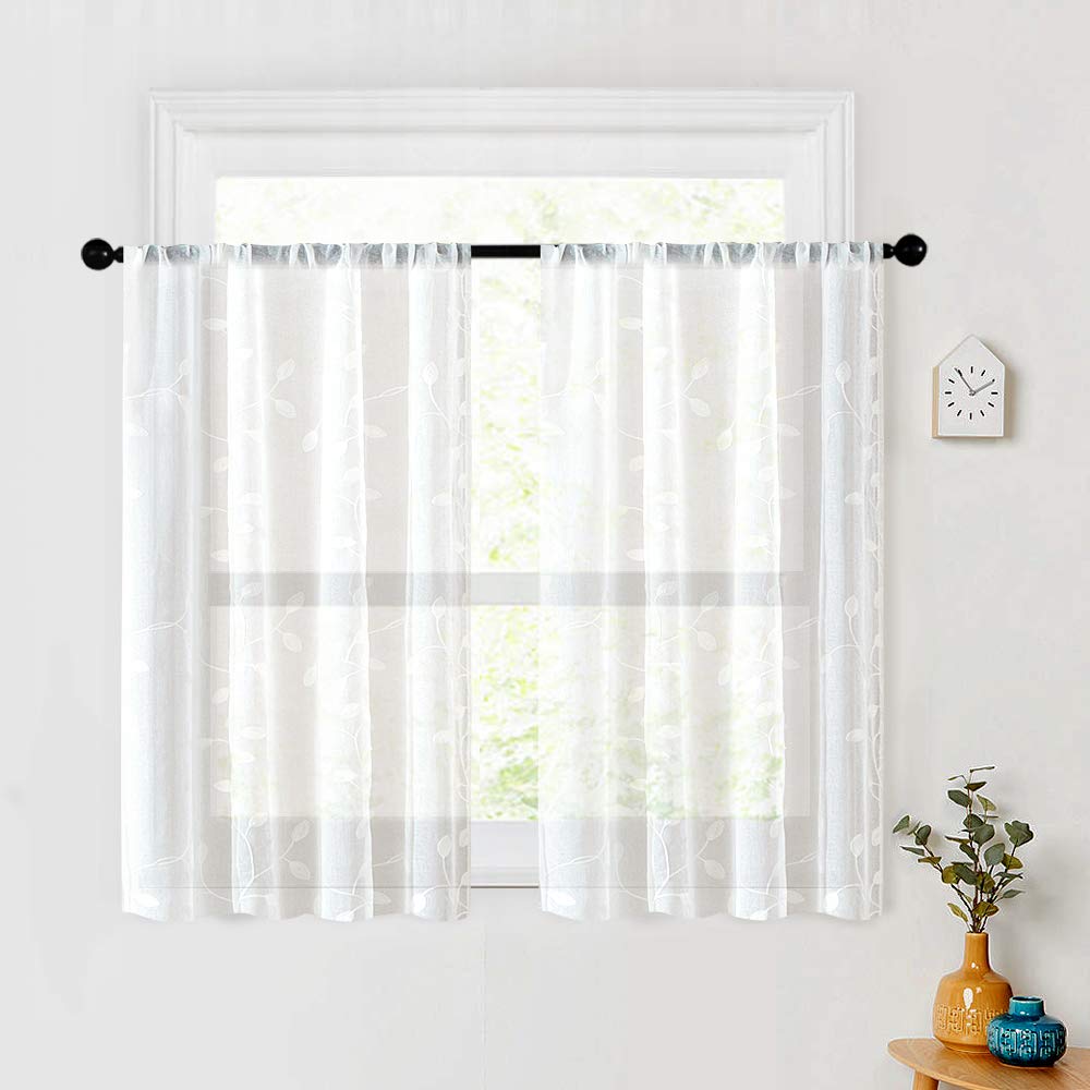 Mrtrees Sheer Tier Curtains, Christmas Living Room Curtain Rod Pocket, Leaves Embroidery Bathroom Curtain Drapes Voile Window Tr