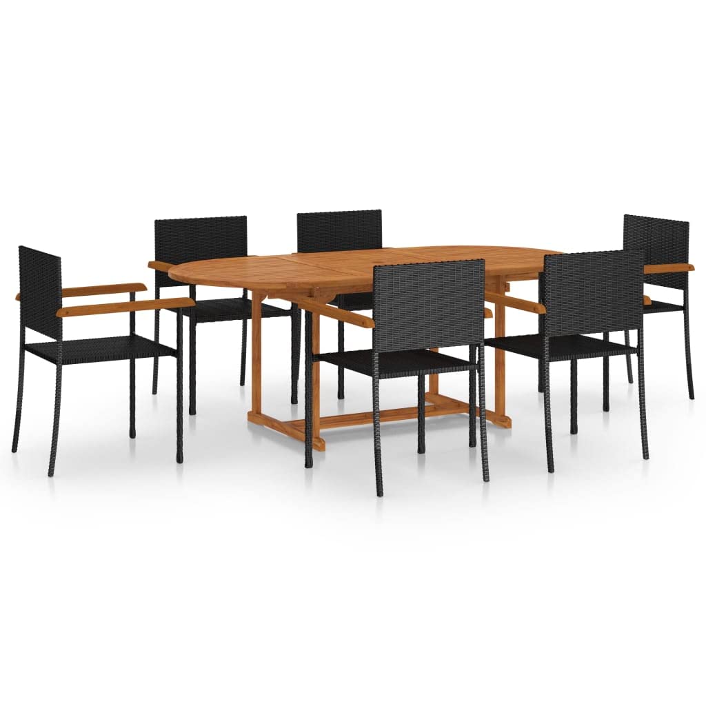 vidaXL 7-Piece Farmhouse Style Patio Dining Set - Durable Black Poly Rattan & Solid Acacia Wood Construction - Weather-Resistant