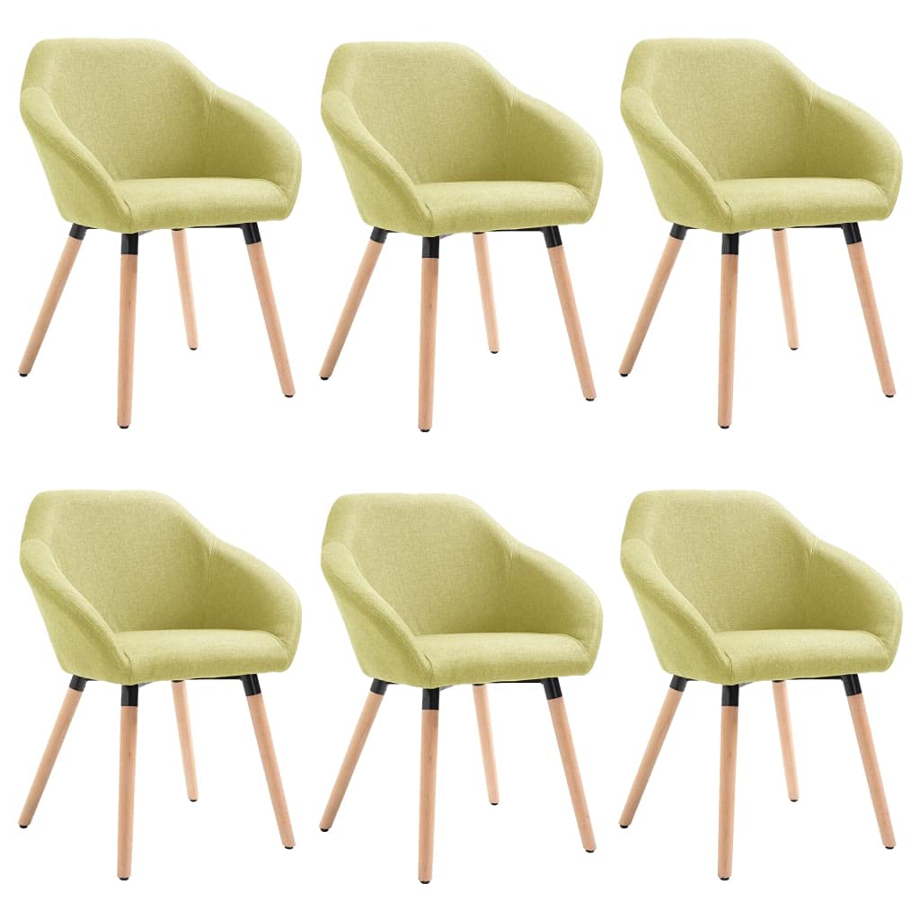 vidaXL Set of 6 Dining Chairs in Green - Modern Scandinavian Style with Fabric Upholstery, Padded Seat, Armrests, and Solid Wood Legs