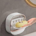Wall Mounted Soap Holder Box with Flip Cover & Drain Tray, Self Adhesive Soap Dish Case with Detachable Rack for Bathroom Wash B
