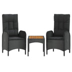 vidaXL 3 Piece Modern Black Patio Lounge Set with Reclining Function, Solid Acacia Wood Tabletop and Durable Poly Rattan Material