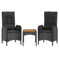 vidaXL 3 Piece Modern Black Patio Lounge Set with Reclining Function, Solid Acacia Wood Tabletop and Durable Poly Rattan Materia
