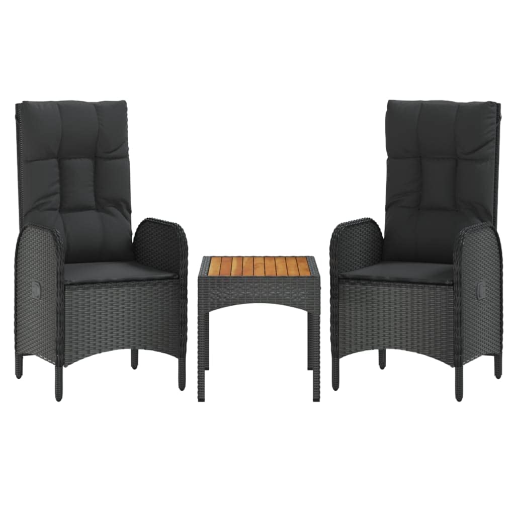 vidaXL 3 Piece Modern Black Patio Lounge Set with Reclining Function, Solid Acacia Wood Tabletop and Durable Poly Rattan Materia