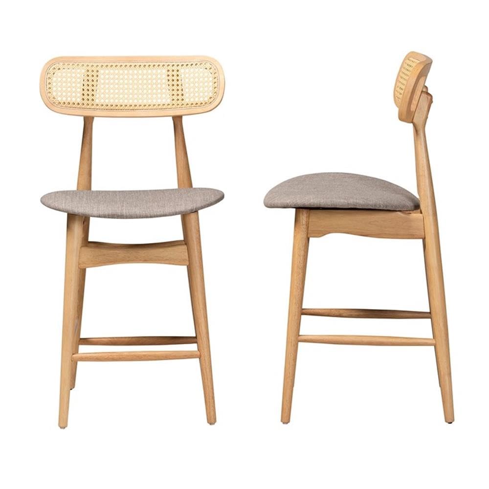 Baxton Studio Tarana Mid-Century Modern Grey Fabric and Natural Oak Finished Wood 2-Piece Counter Stool Set