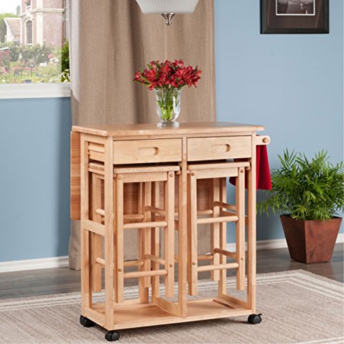 Ergode Suzanne 3-Pc Space Save Set | Expandable Drop Leaf | Stool Storage | Wheels | Natural Finish | Table: 29.6W x 29.1D x 32.75H | Stools: 11.4W x 11.4D x 20.8H | Weight Capacity: 200 lbs