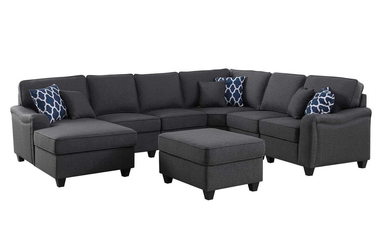 Lilola Home Leo Dark Gray Linen 7Pc Modular L-Shape Sectional Sofa Chaise and Ottoman