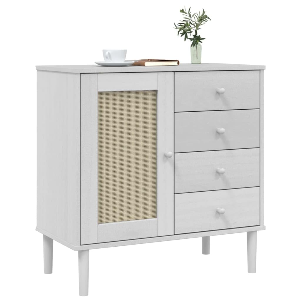 vidaXL White Sideboard SENJA with Rattan Look Surface - Solid Pine Wood Storage Unit with Drawers and Compartments