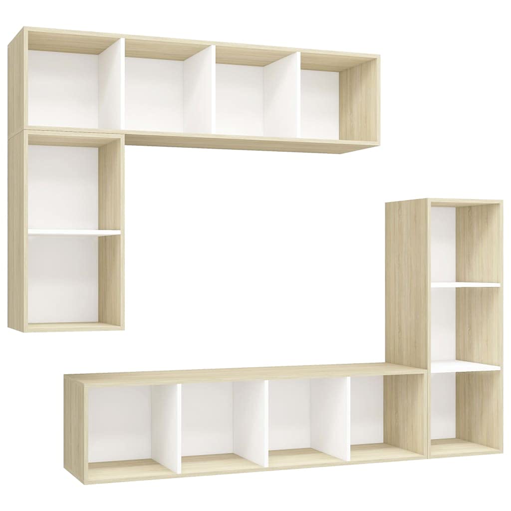 vidaXL 4 Piece Hanging TV Cabinet Set - Engineered Wood in White and Sonoma Oak - Assembly Required - Equipped with Storage Room