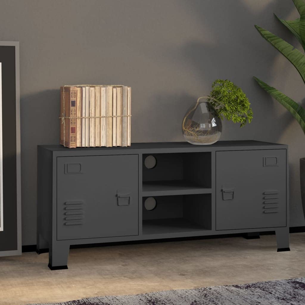 vidaXL Anthracite TV Stand - Industrial Styling, Robust Metal Construction, Ample Storage Space with Doors, Hole for Cable Management
