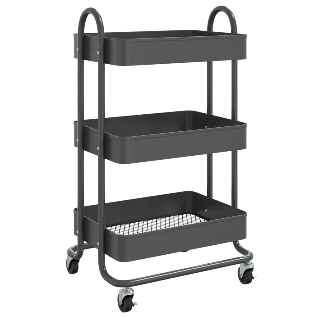 vidaXL 3-Tier Multipurpose Trolley in Anthracite – Steel, Mobile Utility Cart with Wheels and Brakes, Spacious Storage Organizer for Office, Beauty Supplies, Kitchen Essentials