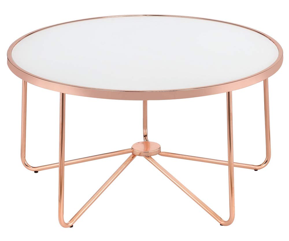 Acme Alivia Coffee Table In White Glass And Rose Gold