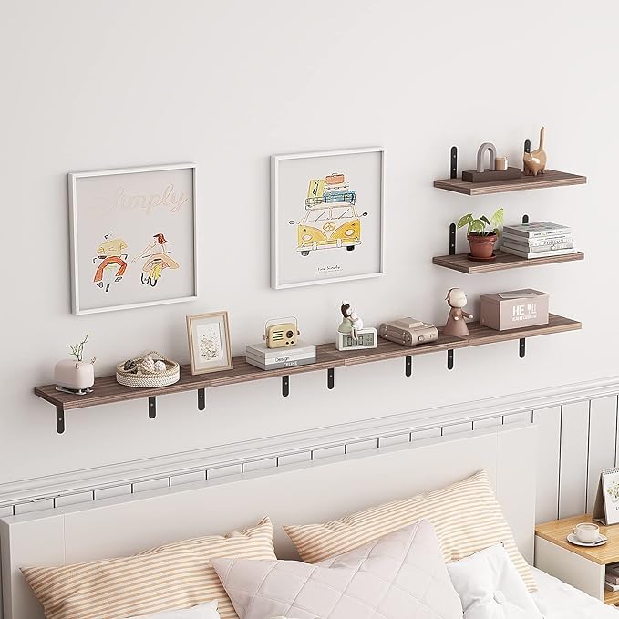 OXMIC Floating Shelves, Rustic Wood Wall Mounted Shelves for Living Room, Bedroom, Kitchen, Bathroom, Brown (Set of 6)
