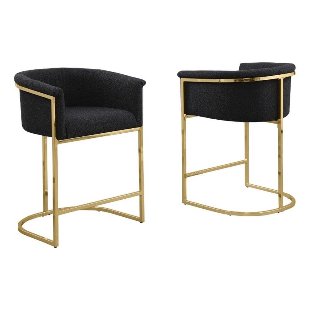 Best Quality Furniture Set Of 2 Modern Boucle Fabric Accent Counter Height Stools - Barrel Design, Chrome Legs, Black, Gold Leg Finish