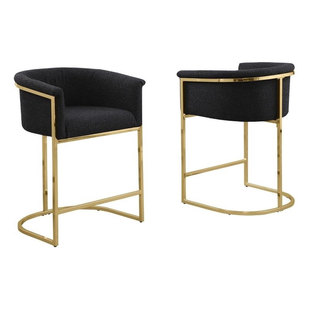 Best Quality Furniture Set Of 2 Modern Boucle Fabric Accent Bar Stools - Barrel Design, Chrome Legs, Black, Gold Leg Finish