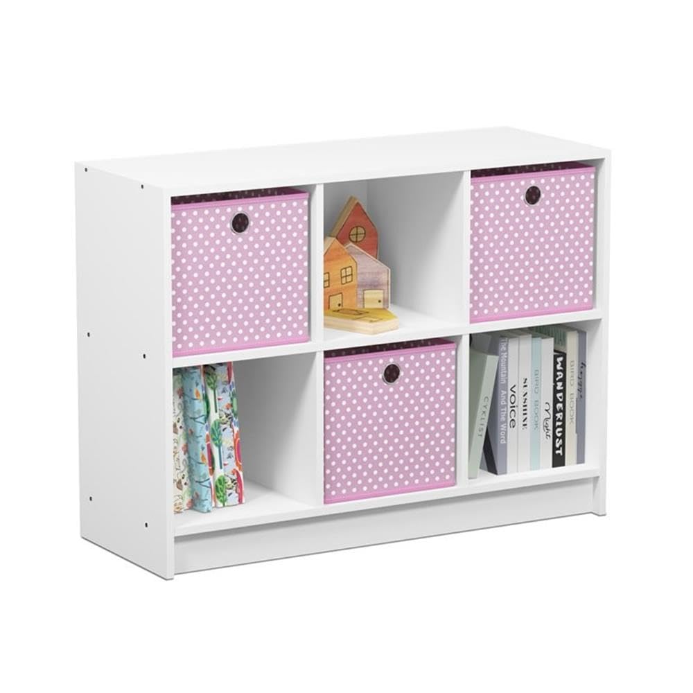 Furinno Basic 3X2 Cube Storage Bookcase Organizer With Bins, White/Light Pink