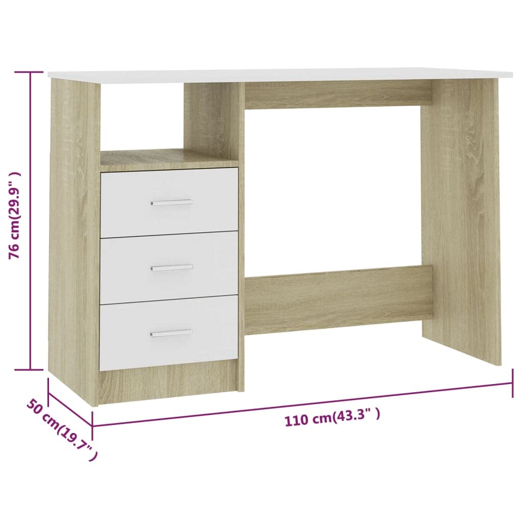vidaXL Desk with Drawers Home Indoor Computer Gaming Workstation Office Corner Writing Table Desk Furniture White and Sonoma Oak Engineered Wood