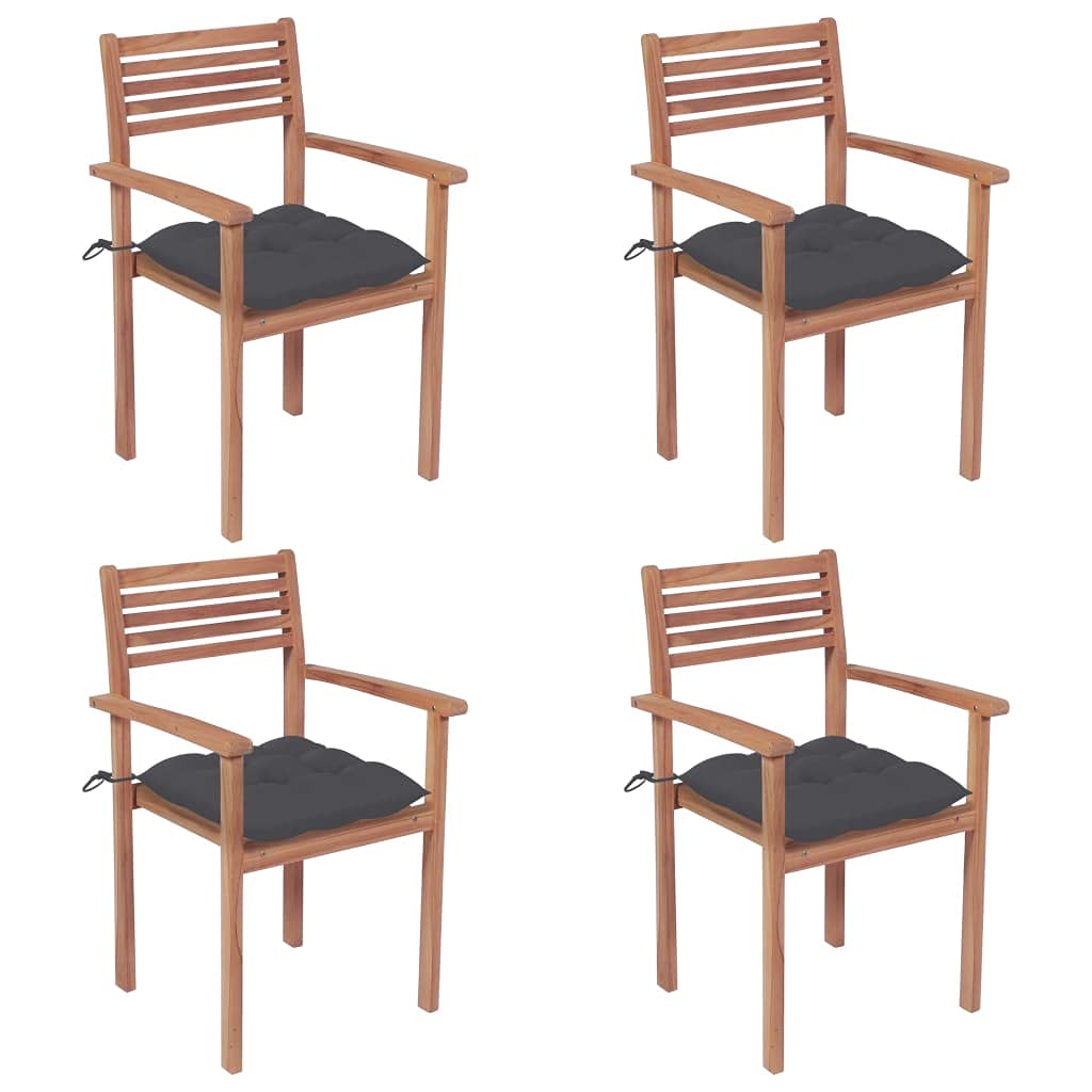 vidaXL 4X Solid Teak Wood Patio Chairs with Anthracite Cushions - Outdoor/Indoor Stackable Garden/Lounge Seating for Home, Office, Bar, Café - Durable Water-Resistant Teak Furniture