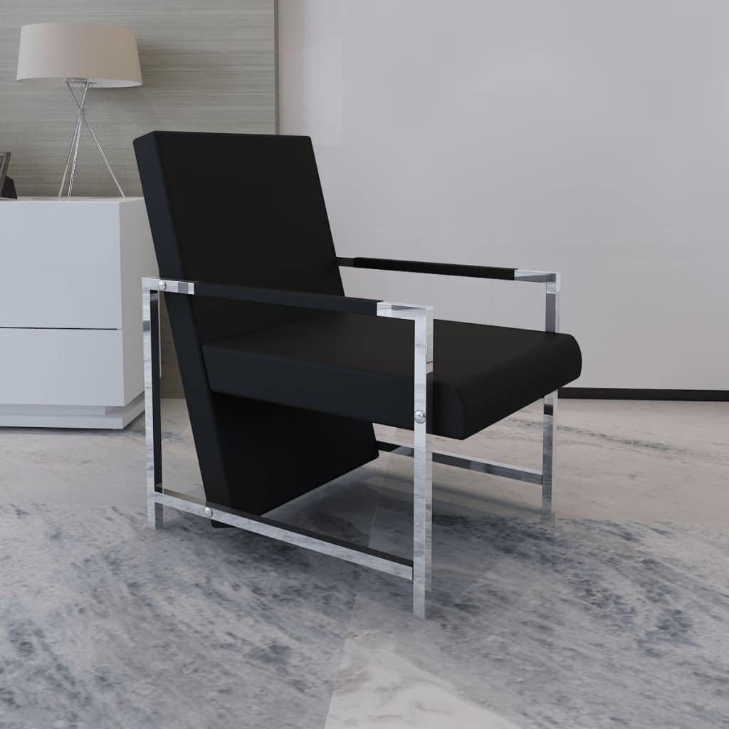 vidaXL Cube Armchair - Modern Designed Baxton Studio Black Faux Leather with Chrome Stable Feet, Perfect for Home or Office Use