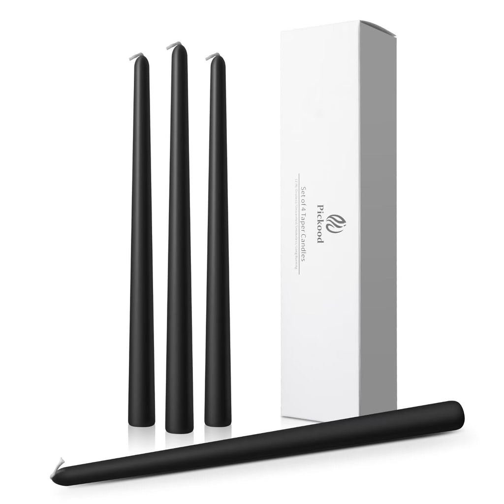 Pickood 12-Inch Tall Dripless Taper Candles Set of 4 - Black Tapered Candles, Perfect for Halloween - Smokeless, Unscented, Long