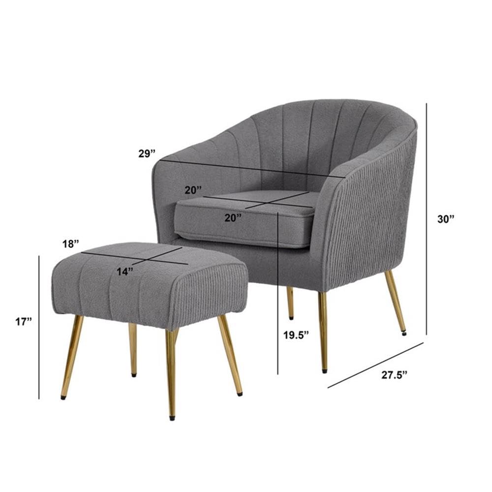 Best Quality Furniture Modern Accent Chair with Ottoman Set, Gray Teddy Fabric Upholstery, Gold Chrome Legs, Channel Tufted Backrest