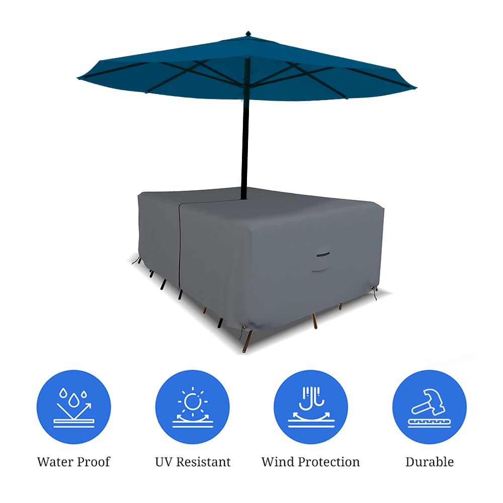 Covers & All Rectangle Table & Chair Set Cover, Umbrella Hole, 12 Oz Waterproof Uv & Weather Resistant, Patio Lawn Garden Backyard Furniture, Air Vents & Drawstrings (108'L X 82'W X 23'H, Gray)