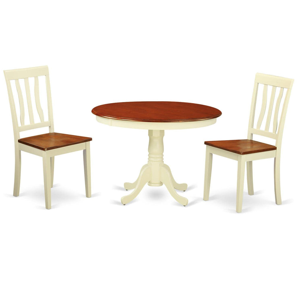 East West Furniture HLAN3-BMK-W 3 Piece Kitchen Table & Chairs Set Contains a Round Dining Room Table with Pedestal and 2 Dining Chairs, 42x42 Inch, Buttermilk & Cherry