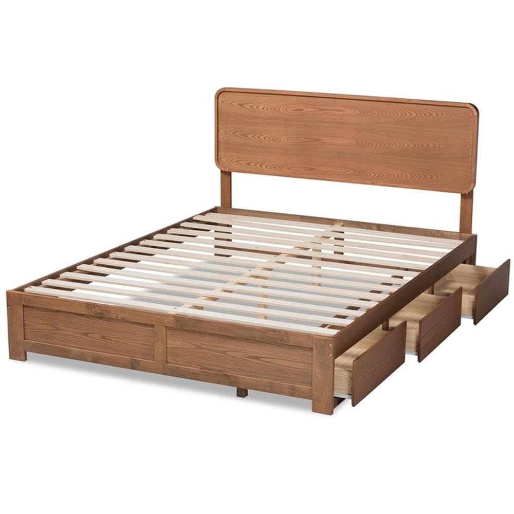 Baxton Studio Eleni Modern and Contemporary Transitional Dark Grey Fabric Upholstered and Ash Walnut Brown Finished Wood Queen Size 3-Drawer Platform Storage Bed