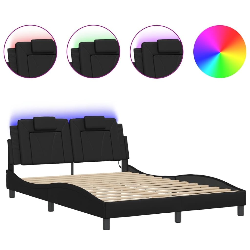 vidaXL Black Faux Leather Bed Frame with LED Lights, Full Size - 53.9x74.8 - Modern Bedroom Furniture