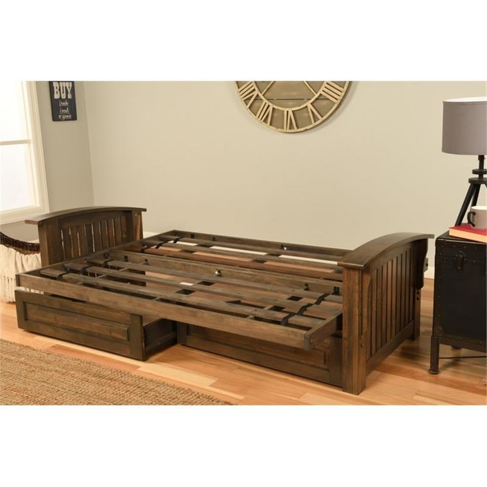 Kodiak Furniture Washington Queen Size Futon Frame with Storage Drawers - Wood Futon Frame with Mattress Included in Suede Peat Color