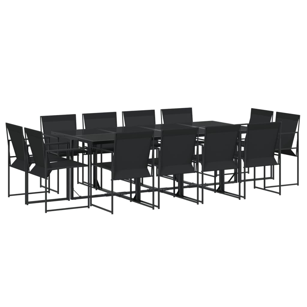 vidaXL 13 Piece Patio Dining Set - Black Textilene - Tempered Glass Table - Foldable Chairs - Outdoor/Garden/Backyard Furniture