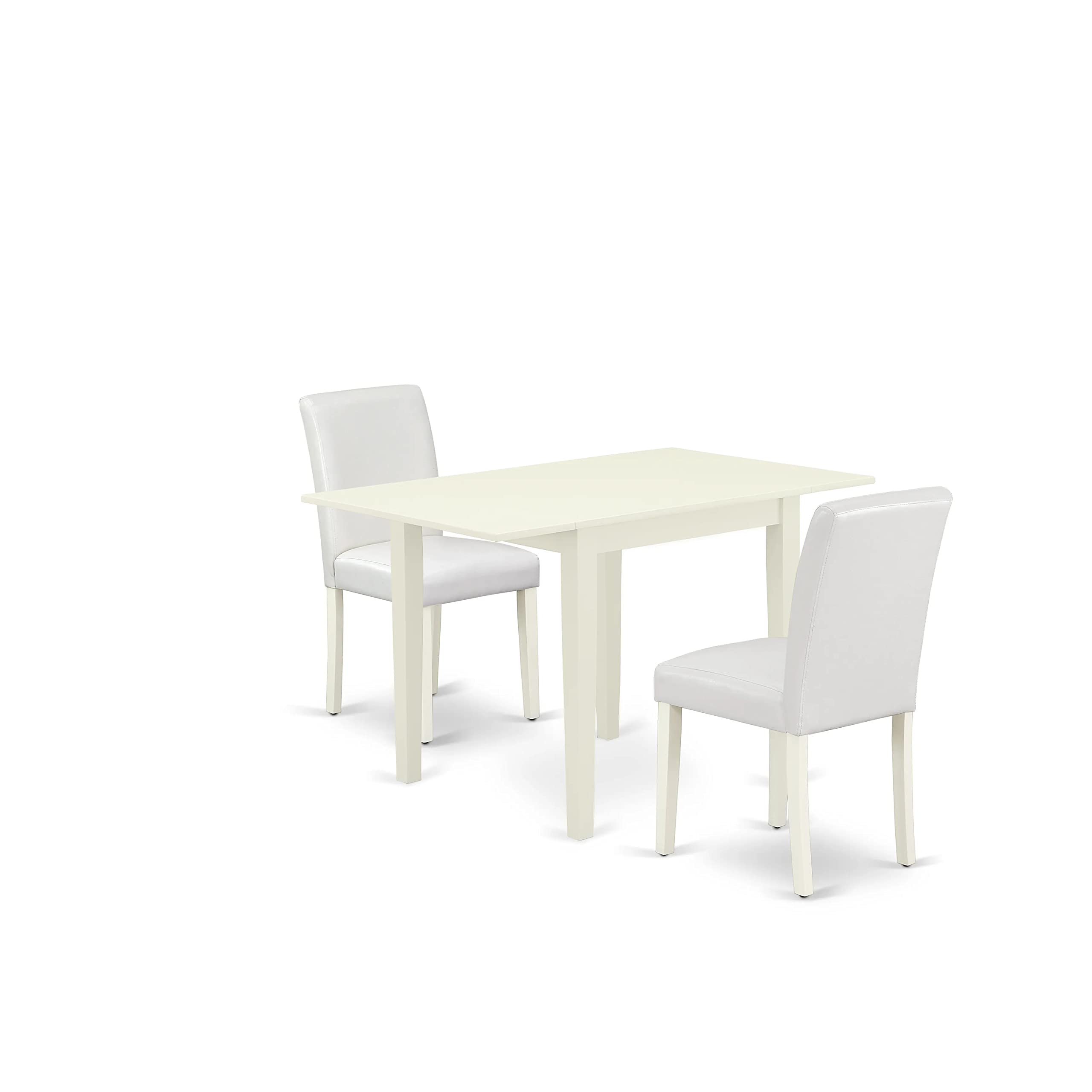 East West Furniture 1NDAB3-LWH-64 3 Piece Kitchen Set Contains a Rectangle Room Table with Dropleaf and 2 White Faux Leather Parsons Dining Chairs, 30x48 Inch