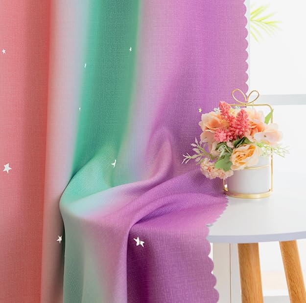 Yancorp Curtains For Girls Bedroom Kids Curtain Hollow-Out Star Window Nursery Curtain 63 Inches Length Room Darkening Grommet 2 Layers (Green Pink Purple, W34 X L63)