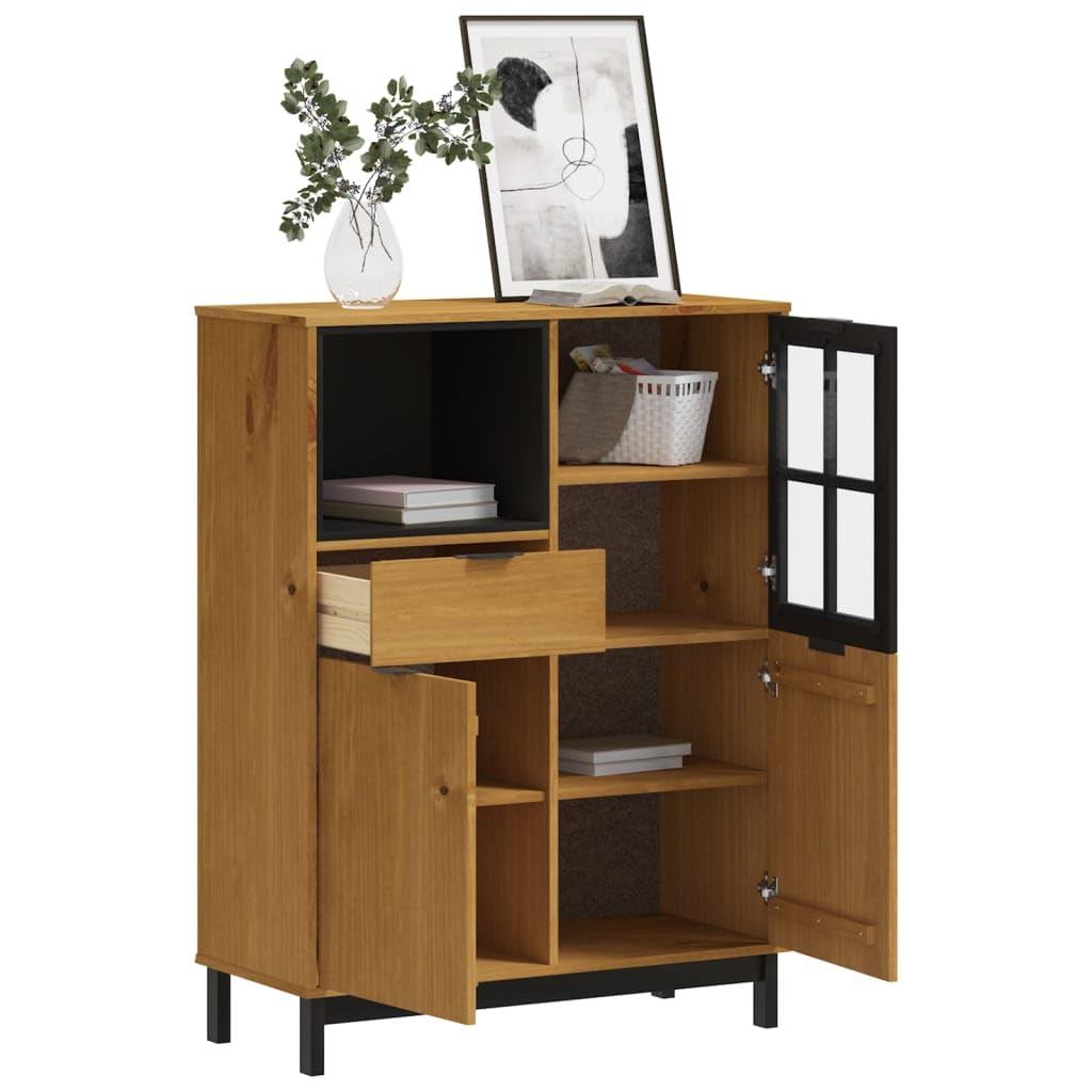 vidaXL FLAM Highboard - Solid Pine Wood Highboard with Oak Finish - Spacious Interior Storage with Practical Door - Durable and Elegant.