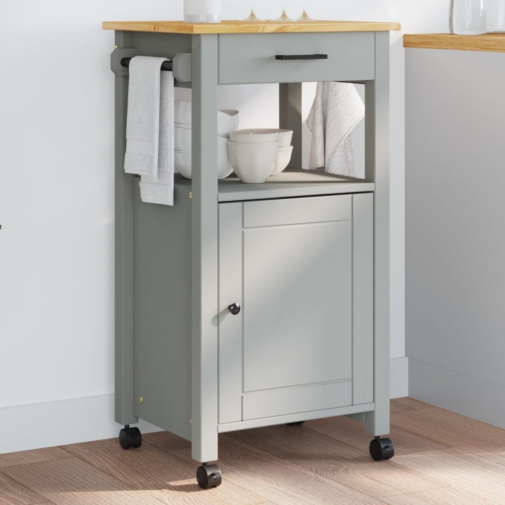 vidaXL Solid Pine Wood Kitchen Trolley - Rolling Cart with Storage Drawer, Door, and Wheels for Kitchen/Living Room Use, Gray/Honey Wax, 18.9x15.7x35.4 in